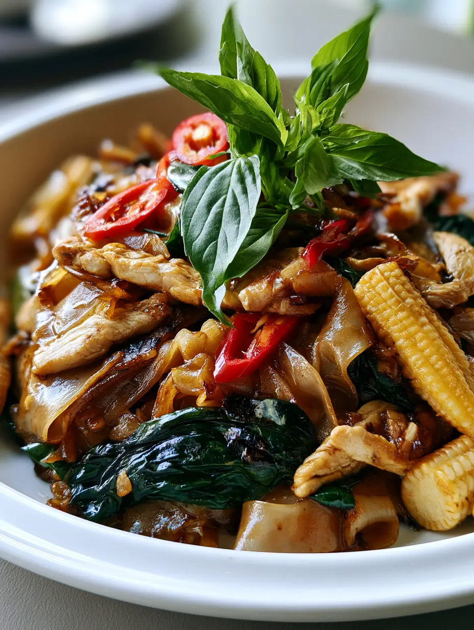 Close-up of Thai Drunken Noodles showing translucent noodles coated in dark soy sauce with seared chicken breast. (Thai Drunken Noodles)