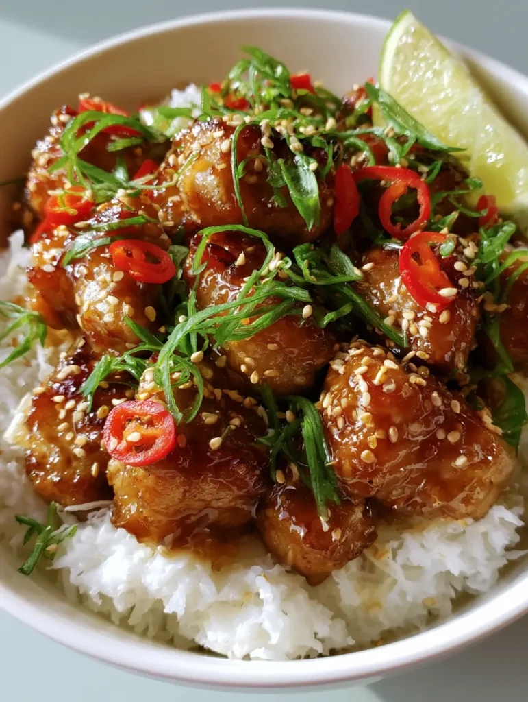 Ginger Lime Pork with Fluffy Coconut Rice and Glossy Amber Glaze 1 Close up of Ginger Lime Pork garnished with sliced green scallions and toasted white sesame seeds.