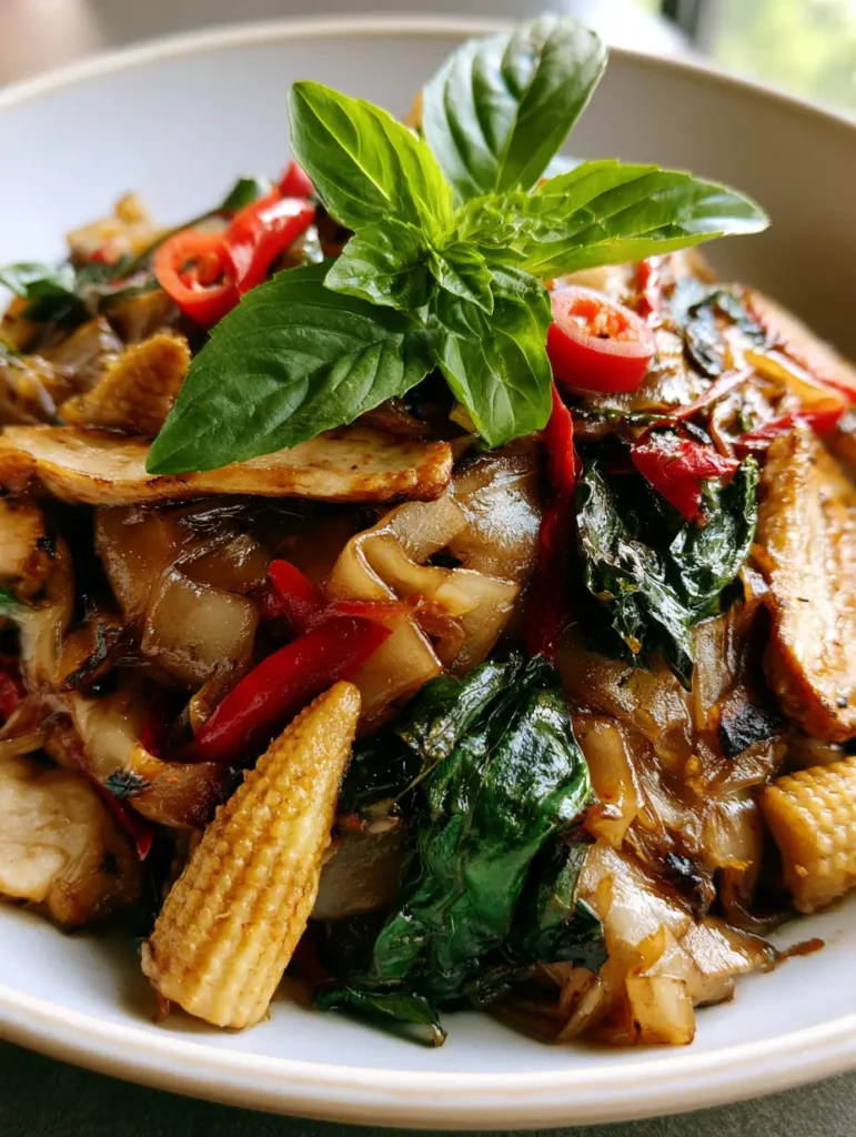Plated Pad Kee Mao with halved baby corn, red chili slivers, and wilted Thai basil leaves. (Thai Drunken Noodles)