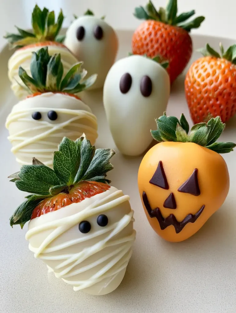 Handheld photo showing a variety of Halloween chocolate covered strawberries with mummy bandages and jack-o-lantern faces.