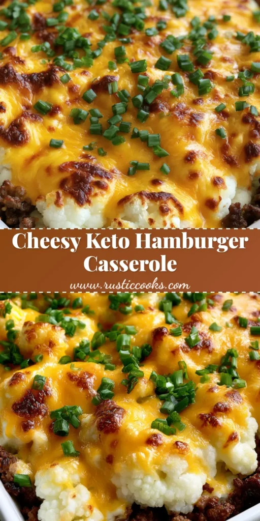 Keto Cauliflower and Hamburger Casserole: The Ultimate Low-Carb Comfort Food 3 A square white ceramic baking dish featuring the layered Keto Cauliflower and Hamburger Casserole with a toasted cheese crust and green scallions.