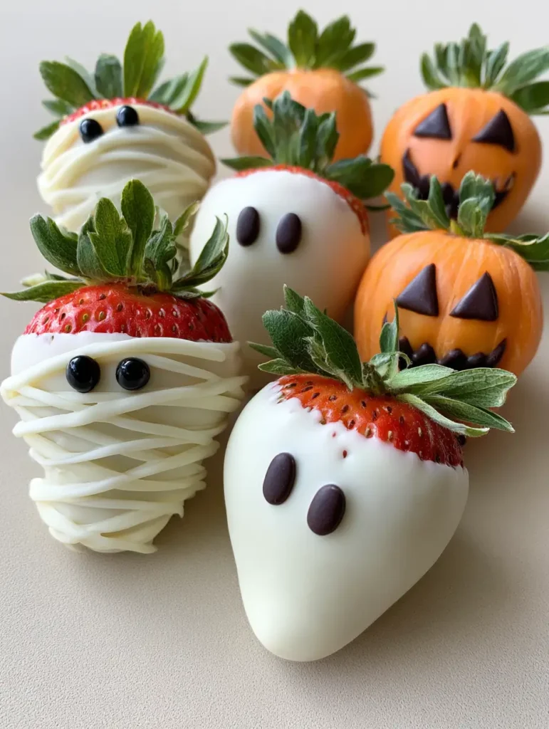 Halloween Chocolate Covered Strawberries: The Ultimate Spooky Gourmet Trio 1 Mummy and ghost-themed Halloween chocolate covered strawberries arranged on a light surface with soft natural lighting.