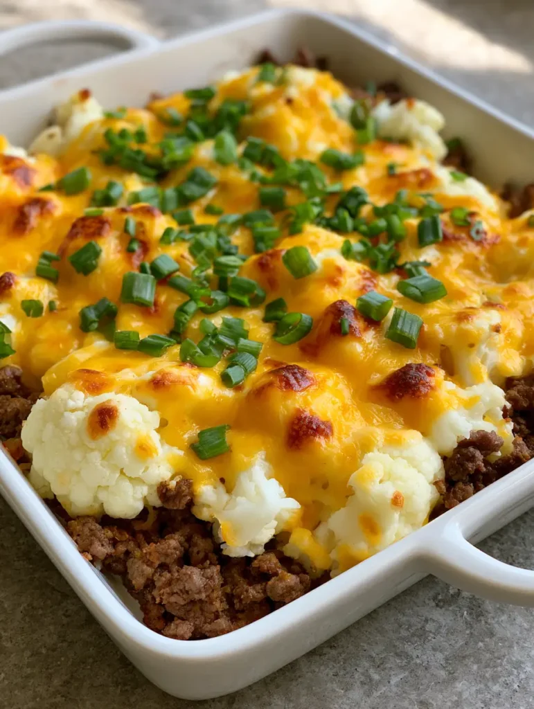 Keto Cauliflower and Hamburger Casserole: The Ultimate Low-Carb Comfort Food 2 A top-down view of the Keto Cauliflower and Hamburger Casserole in a square white dish, showcasing the golden-brown toasted cheese spots and fresh scallions.