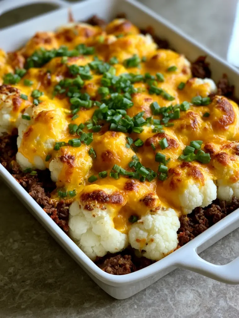 Keto Cauliflower and Hamburger Casserole: The Ultimate Low-Carb Comfort Food 1 Side view of the white ceramic dish showing the layers of browned ground beef and tender cauliflower florets in the Keto Cauliflower and Hamburger Casserole.