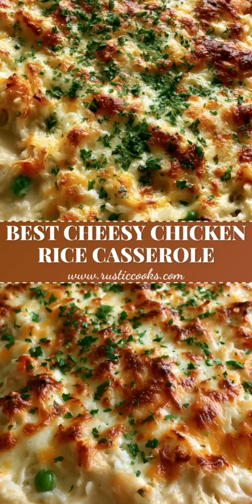 A close-up shot of a Chicken and Rice Casserole in a white dish, featuring bubbly toasted cheese and fresh green parsley garnish.