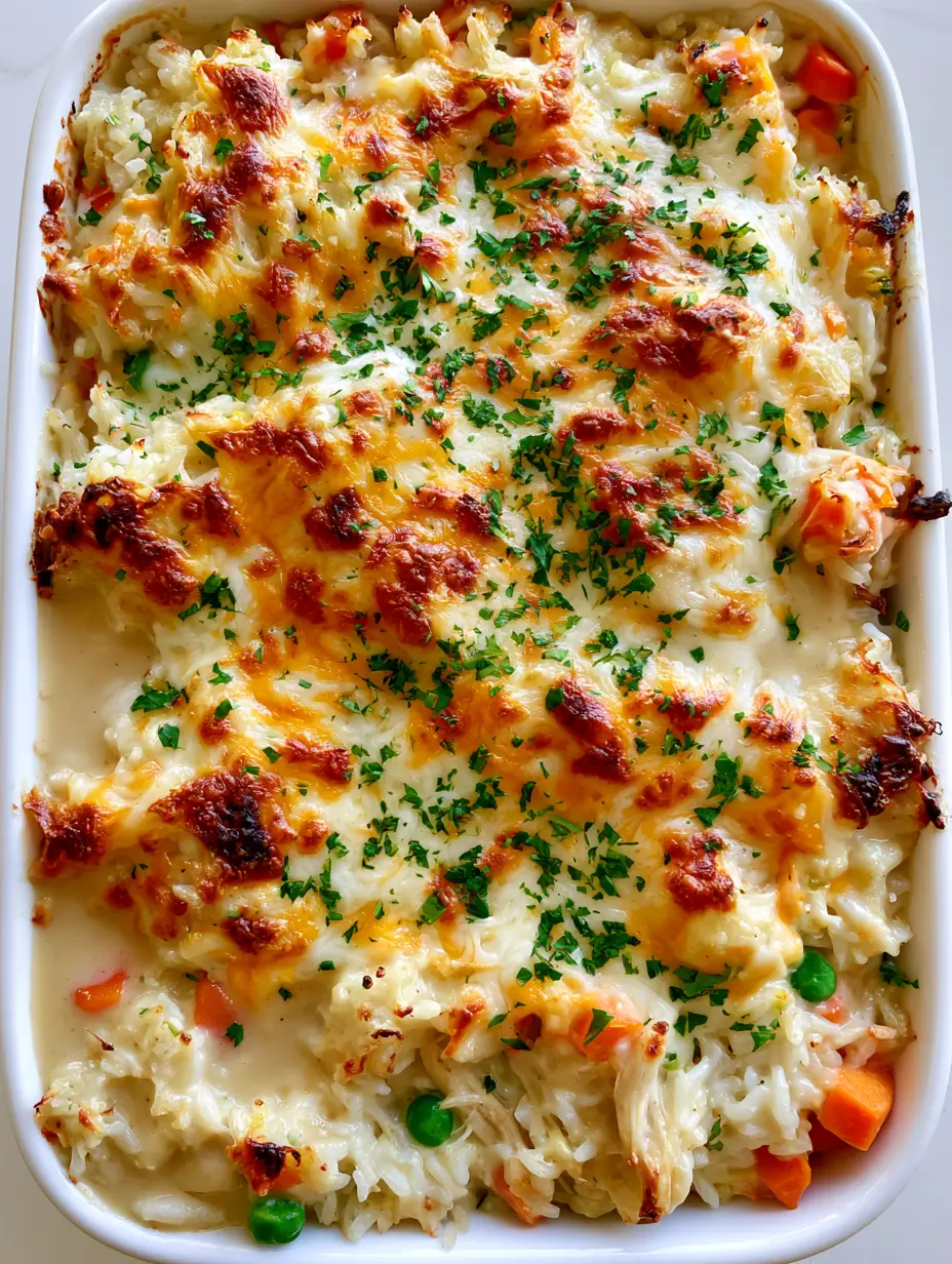 High-angle view showing the fluffy basmati rice and thick beige sauce of the Chicken and Rice Casserole.