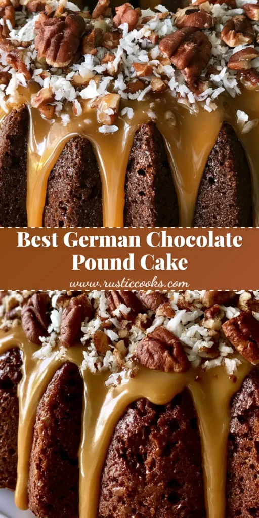 A whole German Chocolate Pound Cake on a white pedestal with thick golden-caramel glaze, coconut, and toasted pecans.