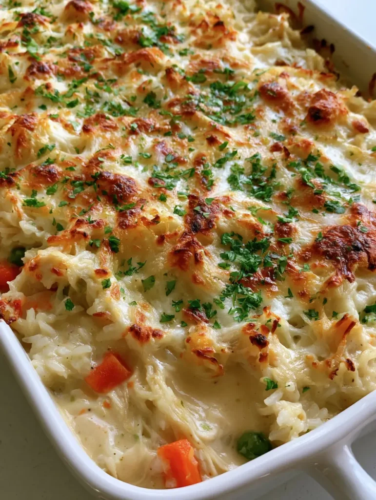 Extreme close-up of the charred cheese edges and vibrant green parsley on a Chicken and Rice Casserole.