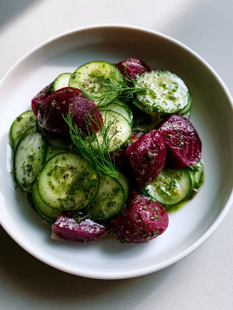 Cucumber Beetroot Salad with Roasted Beets and Zesty Herb Dressing 1 Overhead view of a cucumber and roasted beetroot salad with fresh dill sprigs and cracked black pepper garnish.