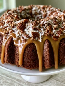 Close-up of a moist German Chocolate Pound Cake with viscous caramel glaze and irregular pecan chunks.