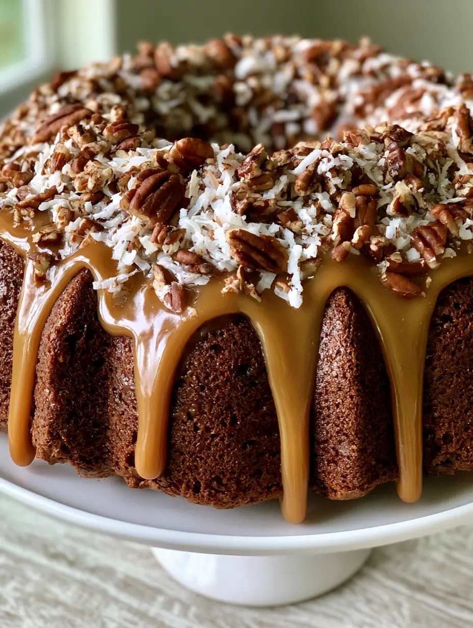Close-up of a moist German Chocolate Pound Cake with viscous caramel glaze and irregular pecan chunks.
