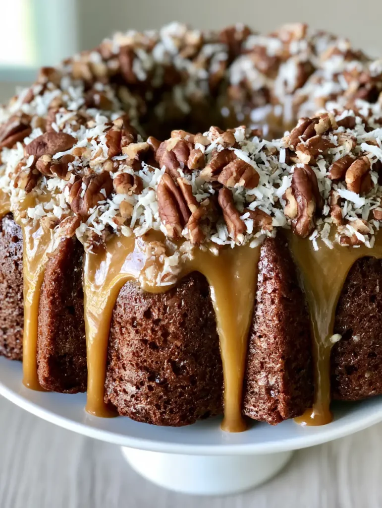 Smartphone photo of a whole bundt cake on a white ceramic pedestal with heavy caramel glaze drips.