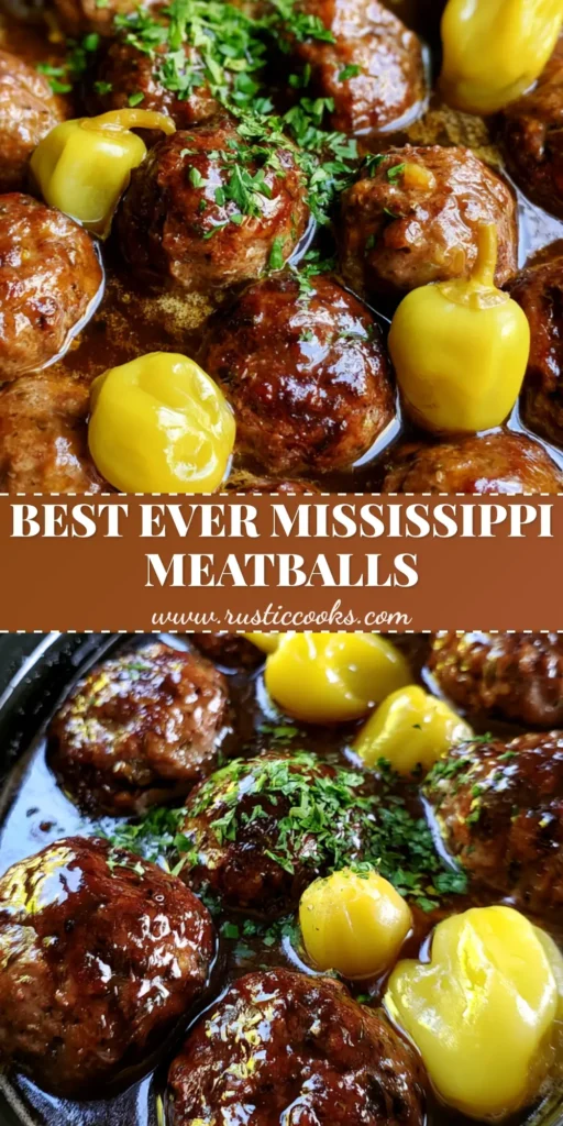 A close-up of Mississippi Meatballs in a black slow cooker, drenched in dark brown au jus with visible ranch herbs and whole yellow-green pepperoncini.