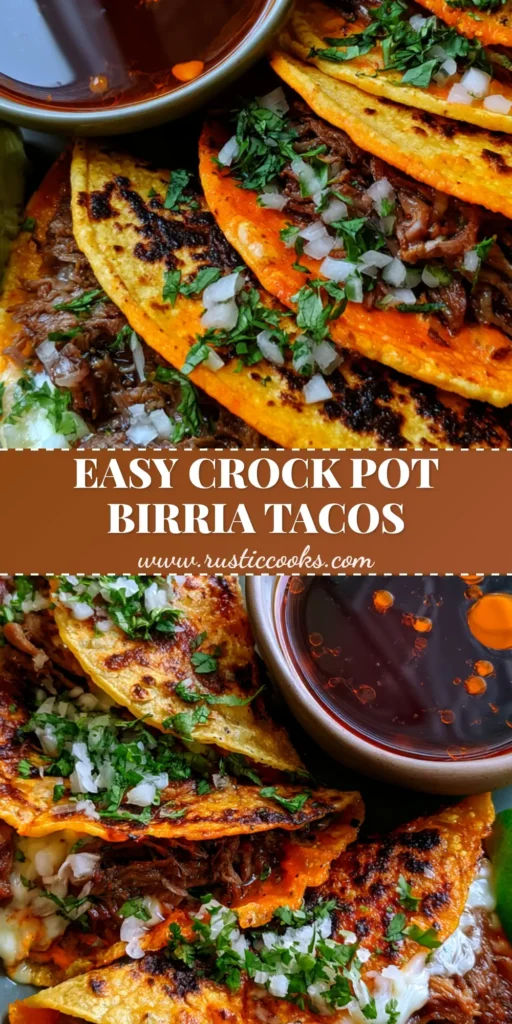 A close-up of three crispy Slow Cooker Birria Tacos stained vibrant orange, served with a side of dark beef consommé and a lime wedge.