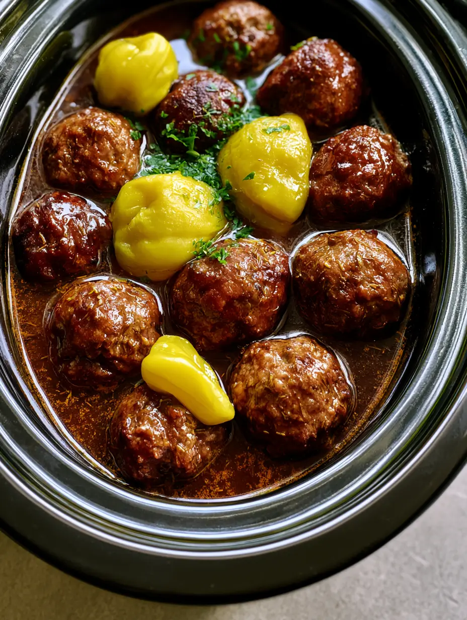 Top-down view of browned beef Mississippi Meatballs in a glossy dark brown gravy with parsley garnish.