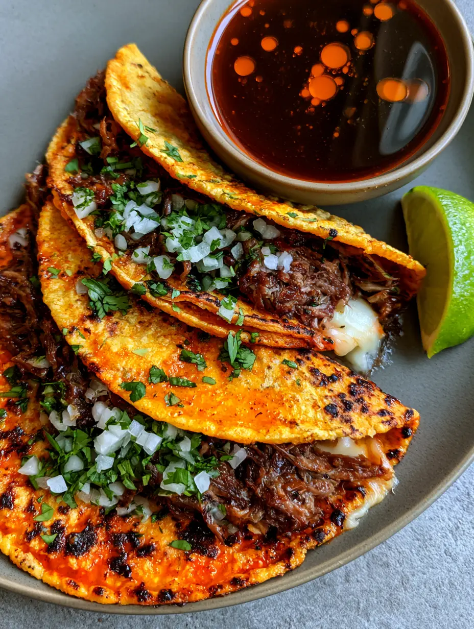 Top-down view of three Quesabirria tacos with oozing white cheese and fresh cilantro flakes. (Slow Cooker Birria Tacos)