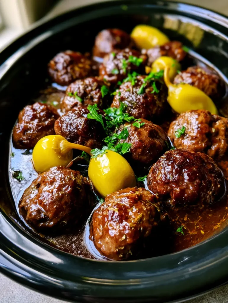 Mississippi Meatballs showing whole pepperoncini peppers and dried ranch seasoning flecks.