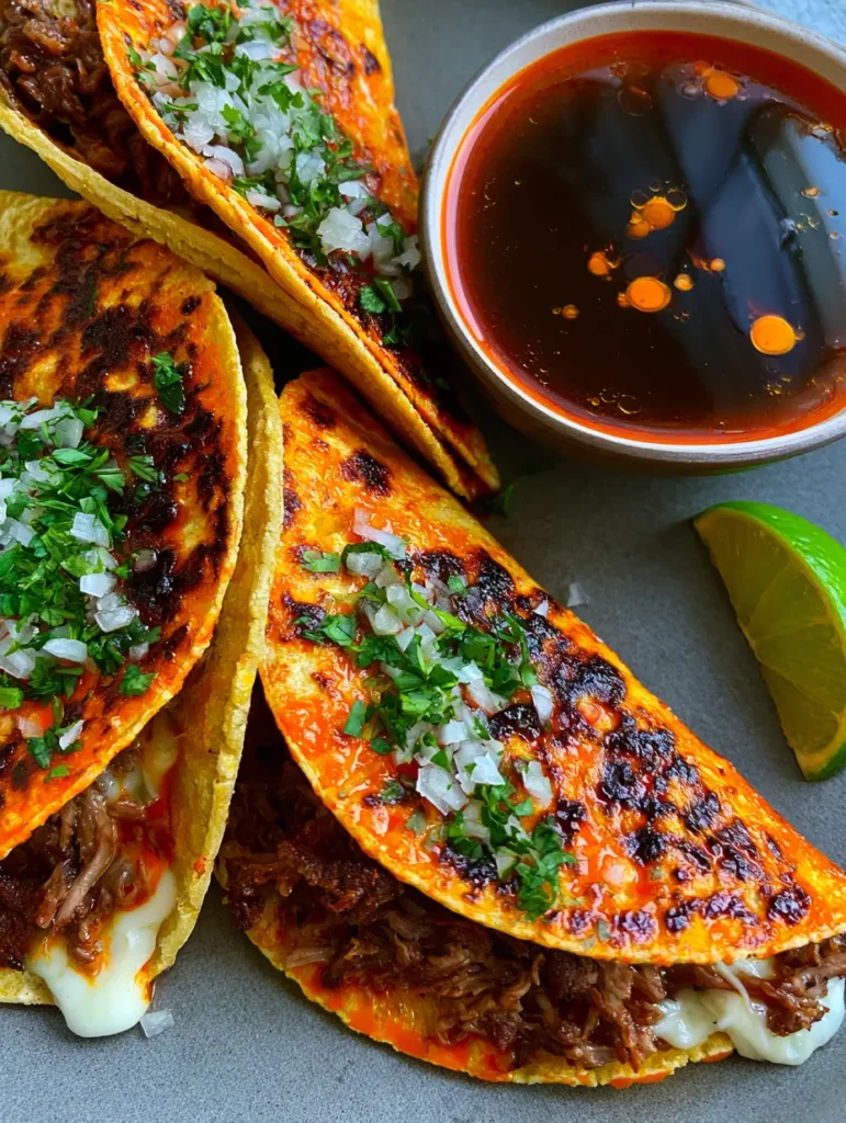 Close-up of shredded beef birria inside a crispy corn tortilla with melted cheese.