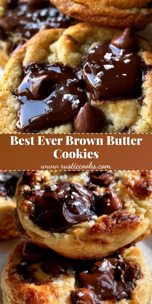 Brown Butter Chocolate Chip Cookies with Molten Dark Chocolate Pools 4 A stack of three thick brown butter chocolate chip cookies with molten dark chocolate pools and flaky sea salt on an off-white linen background.