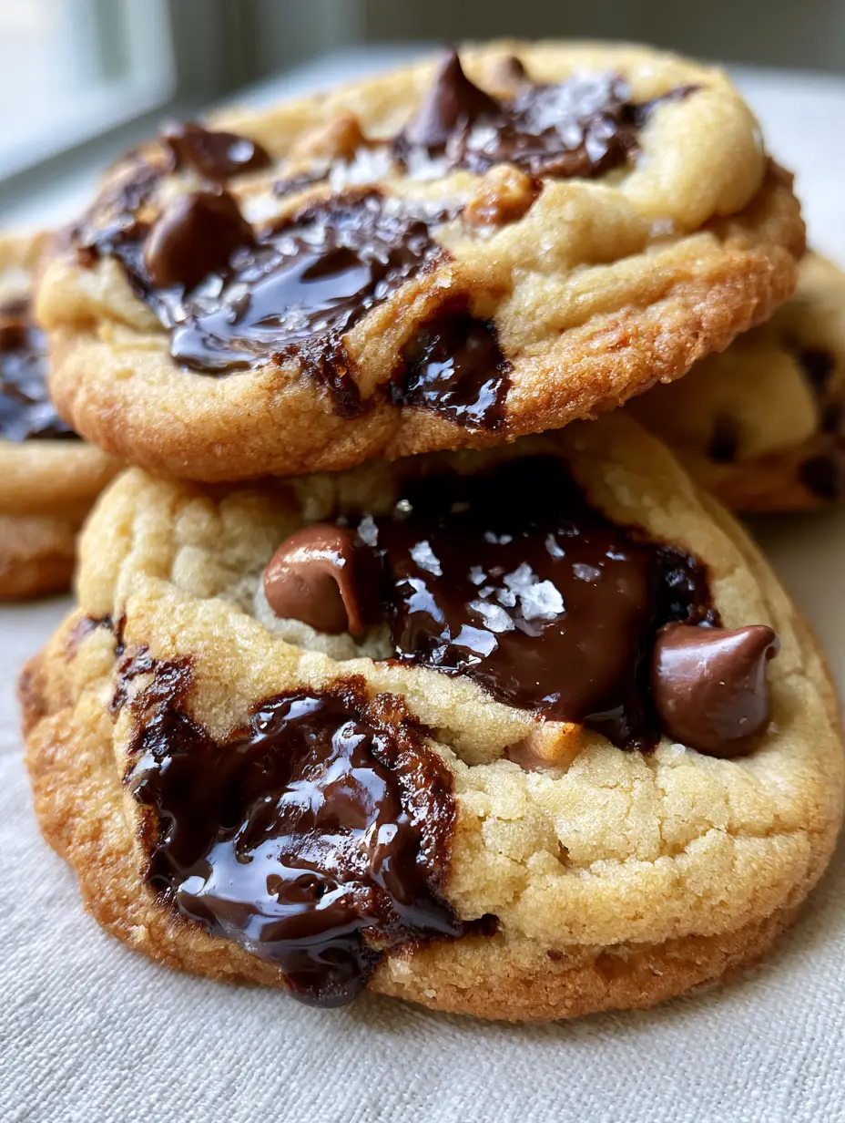 Brown Butter Chocolate Chip Cookies with Molten Dark Chocolate Pools 3 Close-up smartphone photo of thick brown butter chocolate chip cookies showing wrinkled texture and molten chocolate. (brown butter chocolate chip cookies)