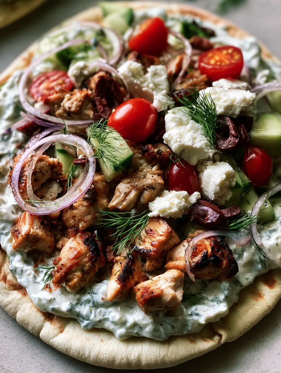 Close up view of seared chicken breast chunks with golden-brown charred edges on a Greek Chicken Flatbread.