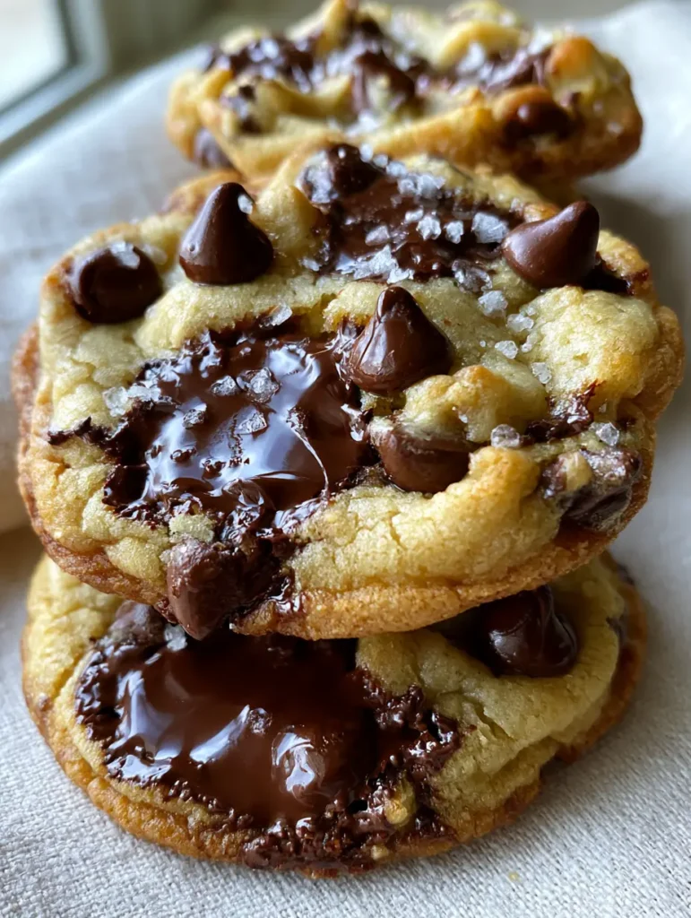 Brown Butter Chocolate Chip Cookies with Molten Dark Chocolate Pools 1 A close-up of brown butter chocolate chip cookies stacked on a white linen surface with golden-brown edges.