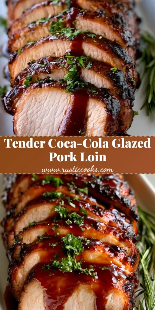 A sliced Coca-Cola Pork Loin on a white platter with a glossy mahogany glaze and fresh rosemary sprigs.