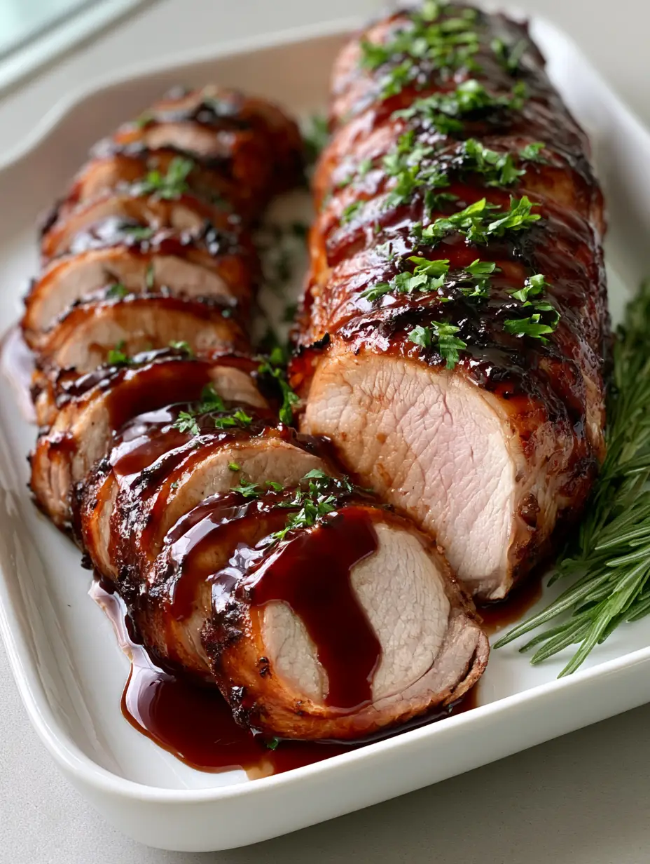 Close-up of juicy pork loin slices showing the light pink interior and dark caramelized mahogany glaze. (Coca-Cola Pork Loin)