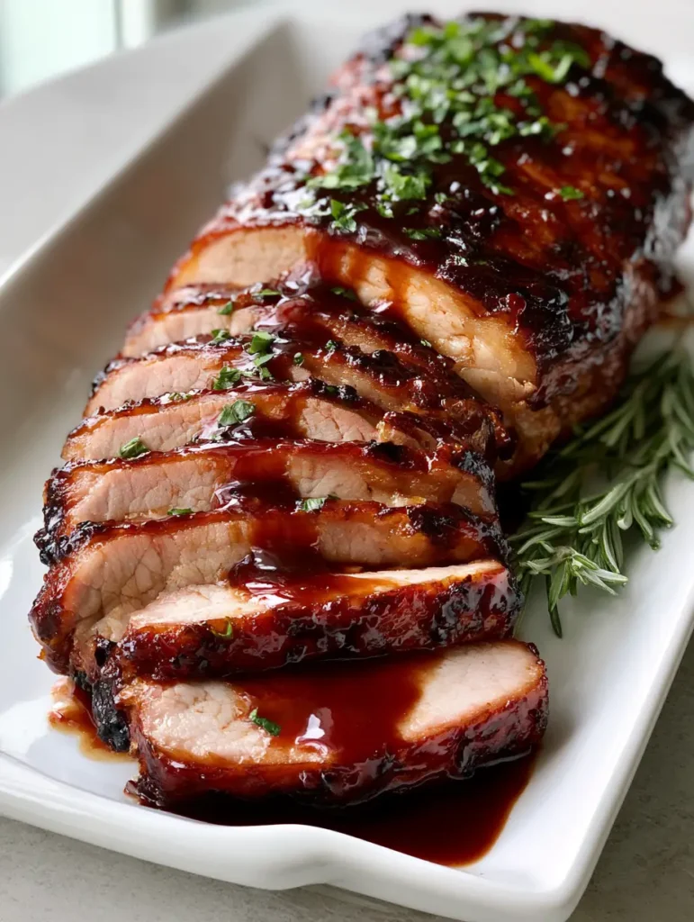 Overhead view of a Coca-Cola Pork Loin roast on a white platter garnished with rosemary and parsley.