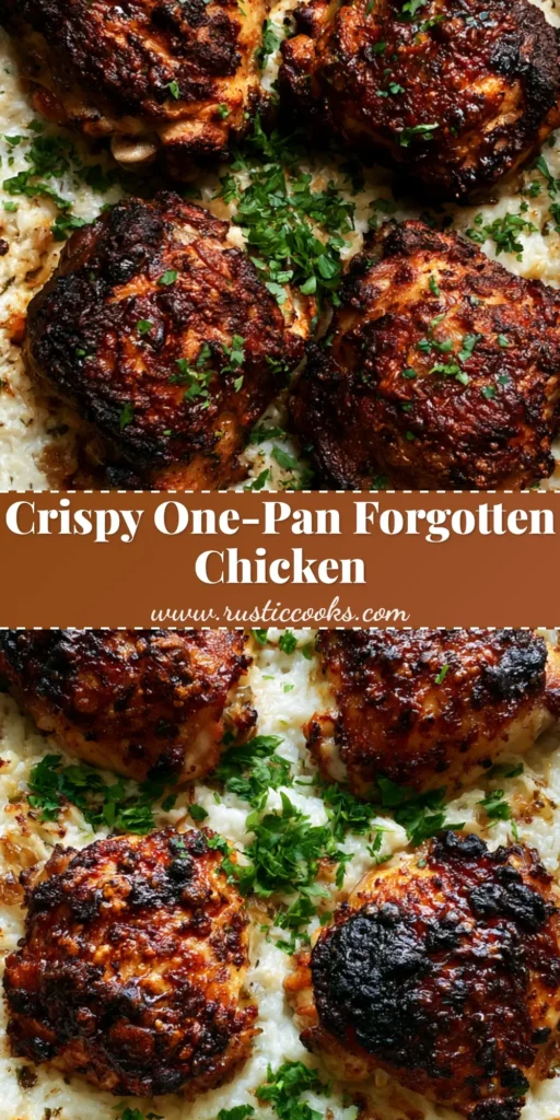 A rectangular white baking dish filled with creamy onion-flecked rice and four crispy, blistered bone-in chicken thighs. (Forgotten Chicken)