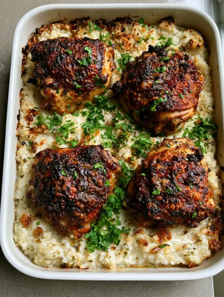 Overhead view of Forgotten Chicken showing charred skin edges and chopped parsley garnish in a ceramic dish. (Forgotten Chicken)