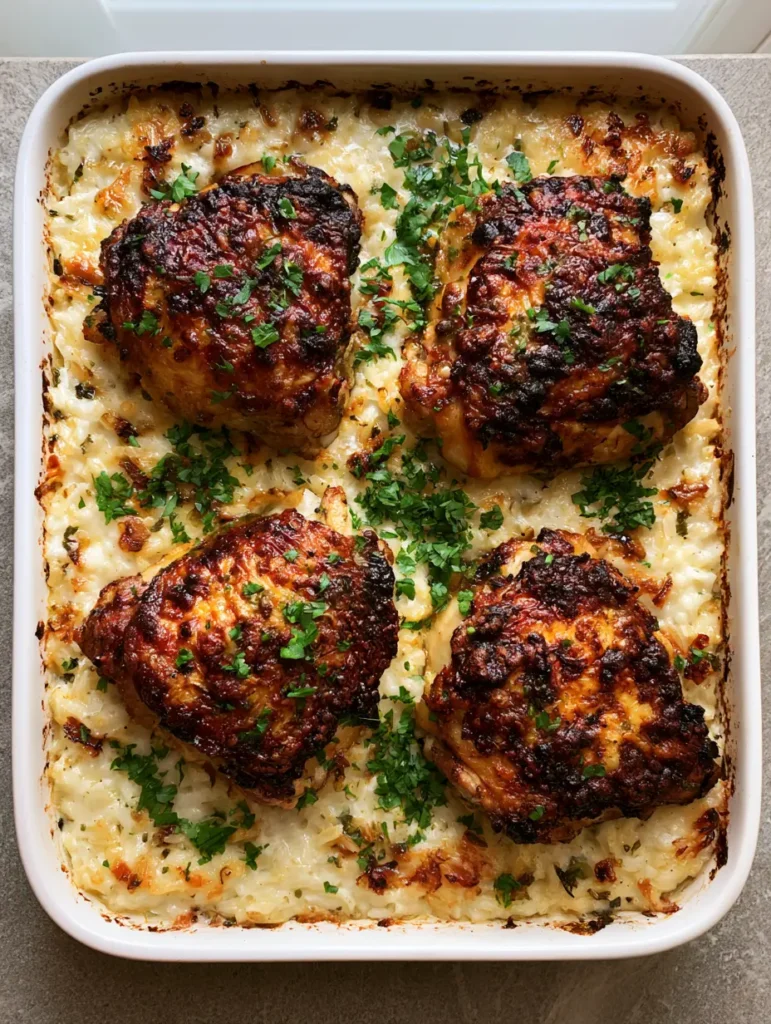 Handheld photo of Forgotten Chicken on a grey stone countertop featuring creamy rice and golden thighs. (Forgotten Chicken)