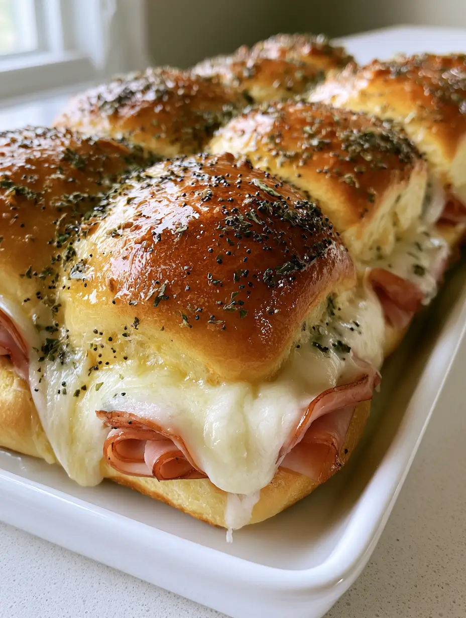 Cheap Saturday Night Dinner Ideas: The Ultimate Buttery Ham and Swiss Brioche Sliders 3 Close-up of pull-apart ham and cheese sliders with melted Swiss cheese drooping over the edges. (Cheap Saturday Night Dinner Ideas)