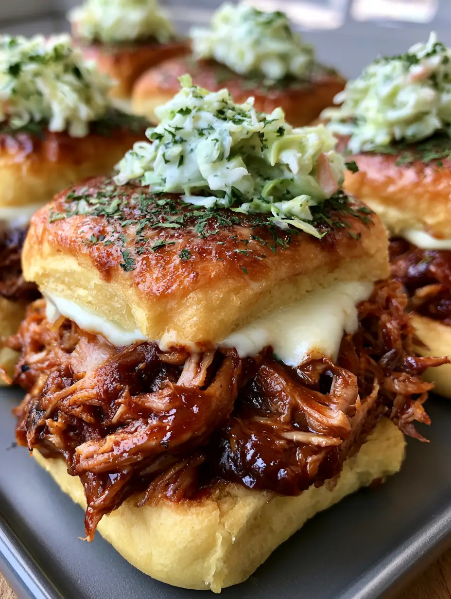 Close-up of a Pulled Pork Slider held in a hand, showing the melted white cheddar binding the mahogany pork to the toasted bun. (Pulled Pork Sliders)
