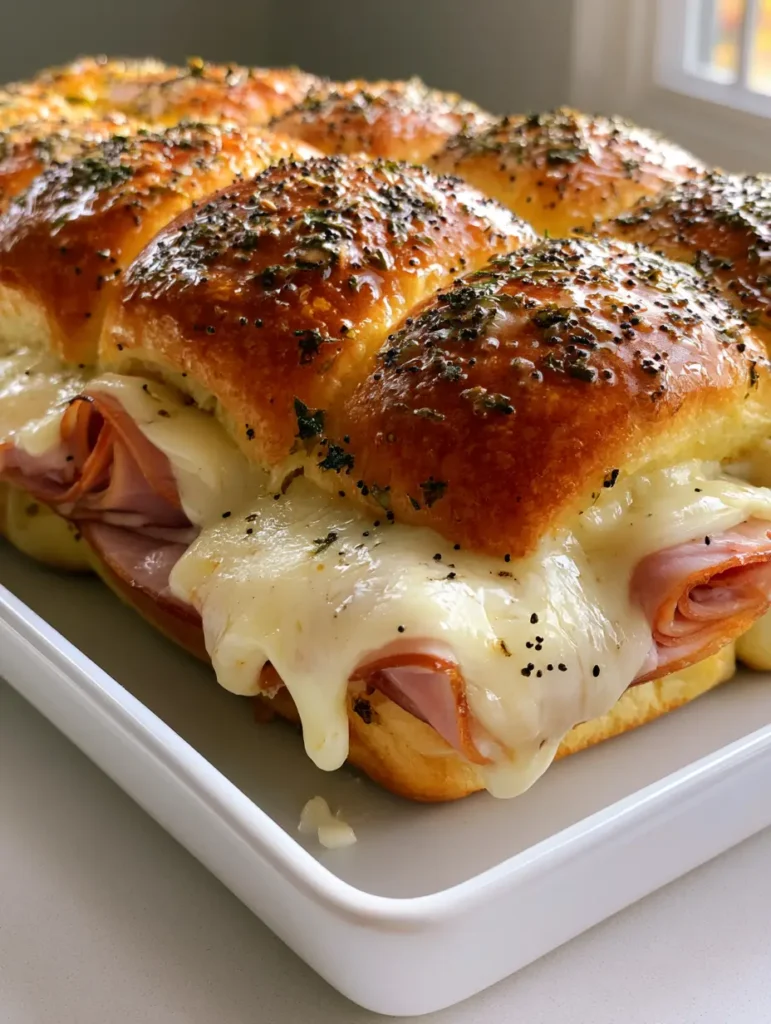 Cheap Saturday Night Dinner Ideas: The Ultimate Buttery Ham and Swiss Brioche Sliders 1 Top view of toasted brioche slider buns brushed with a glossy butter, parsley, and poppy seed glaze.