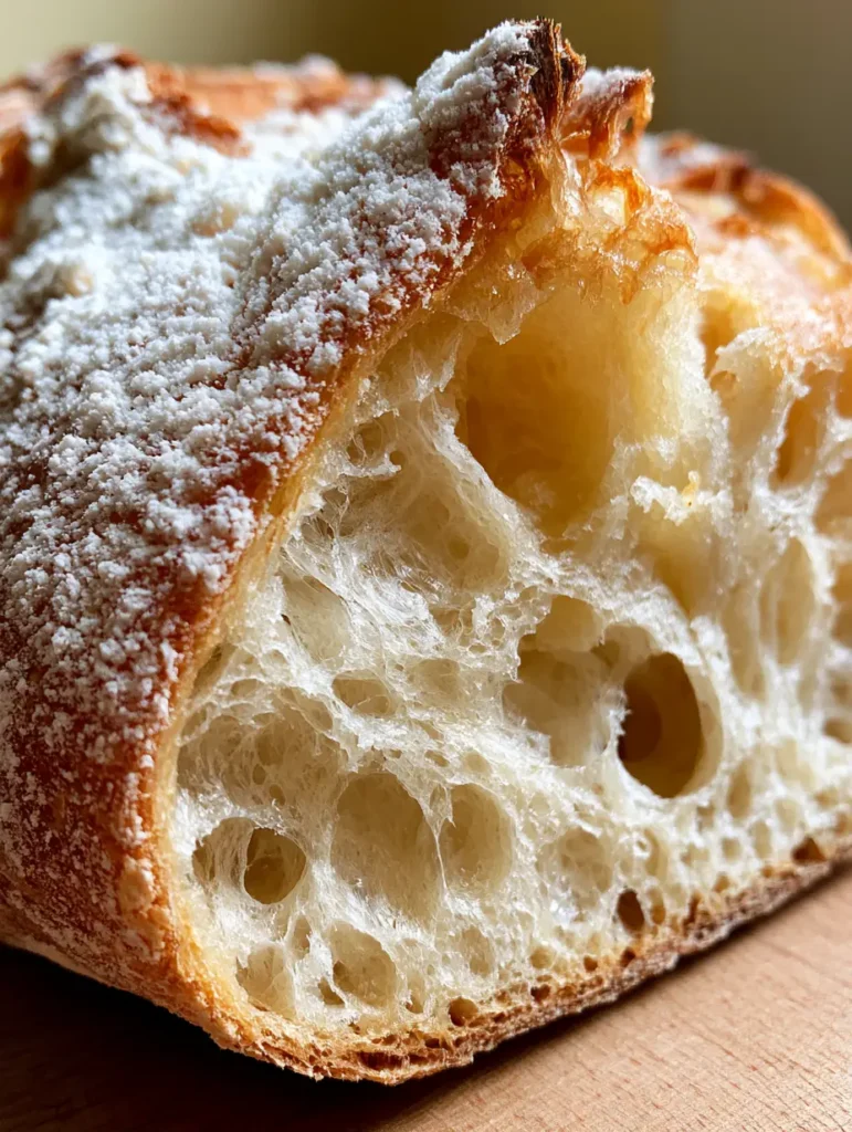 Close-up of Homemade Ciabatta Bread sliced to show a highly porous and airy internal crumb with irregular holes.