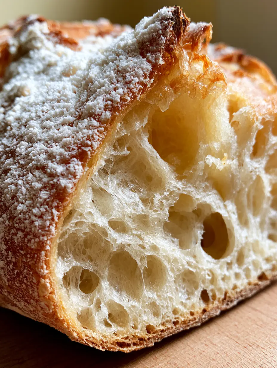 Close-up of Homemade Ciabatta Bread sliced to show a highly porous and airy internal crumb with irregular holes.
