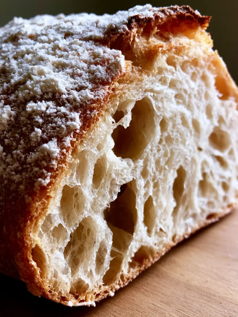 Artisan Homemade Ciabatta Bread highlighting the textured crunchy surface and golden-brown crust.