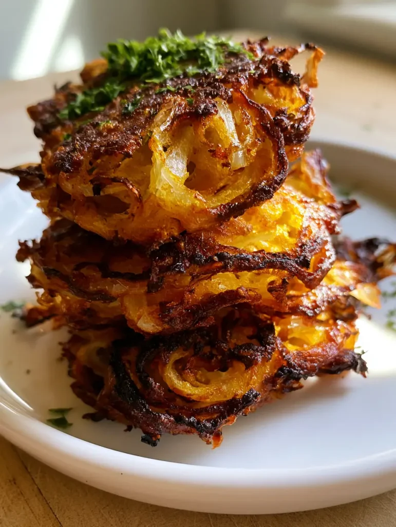 Close-up handheld photo of Amish Onion Fritters with translucent onions and charred golden edges.
