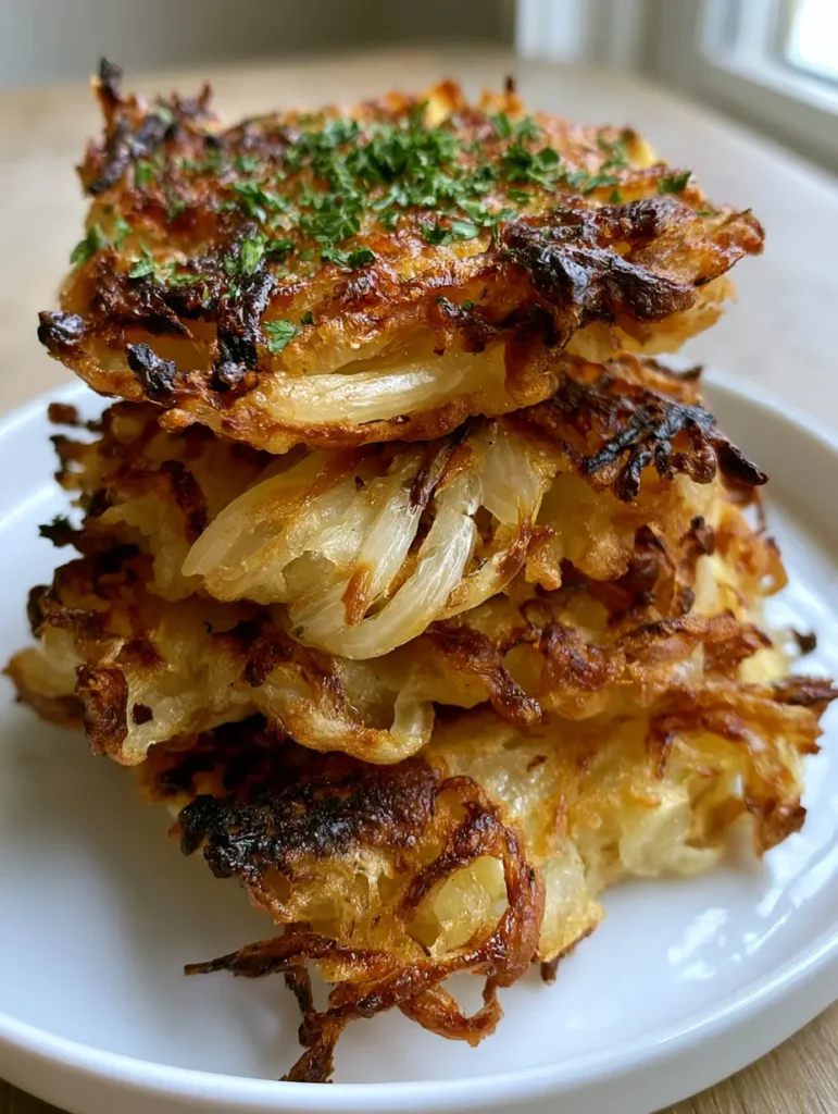 Three golden-brown Amish Onion Fritters stacked on a plain white ceramic plate.
