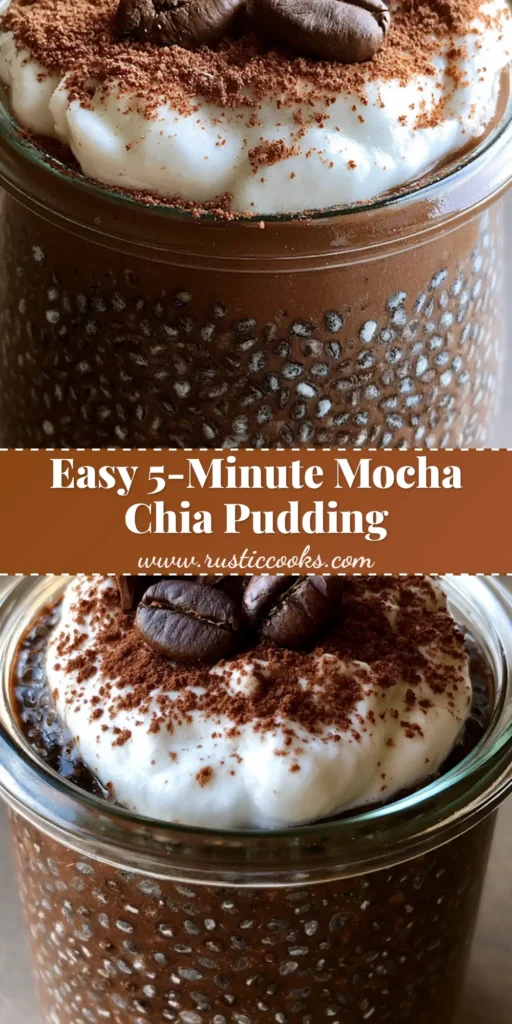 A close-up vertical shot of a Mocha Chia Seed Pudding in a glass jar, topped with coconut whipped cream and coffee beans.