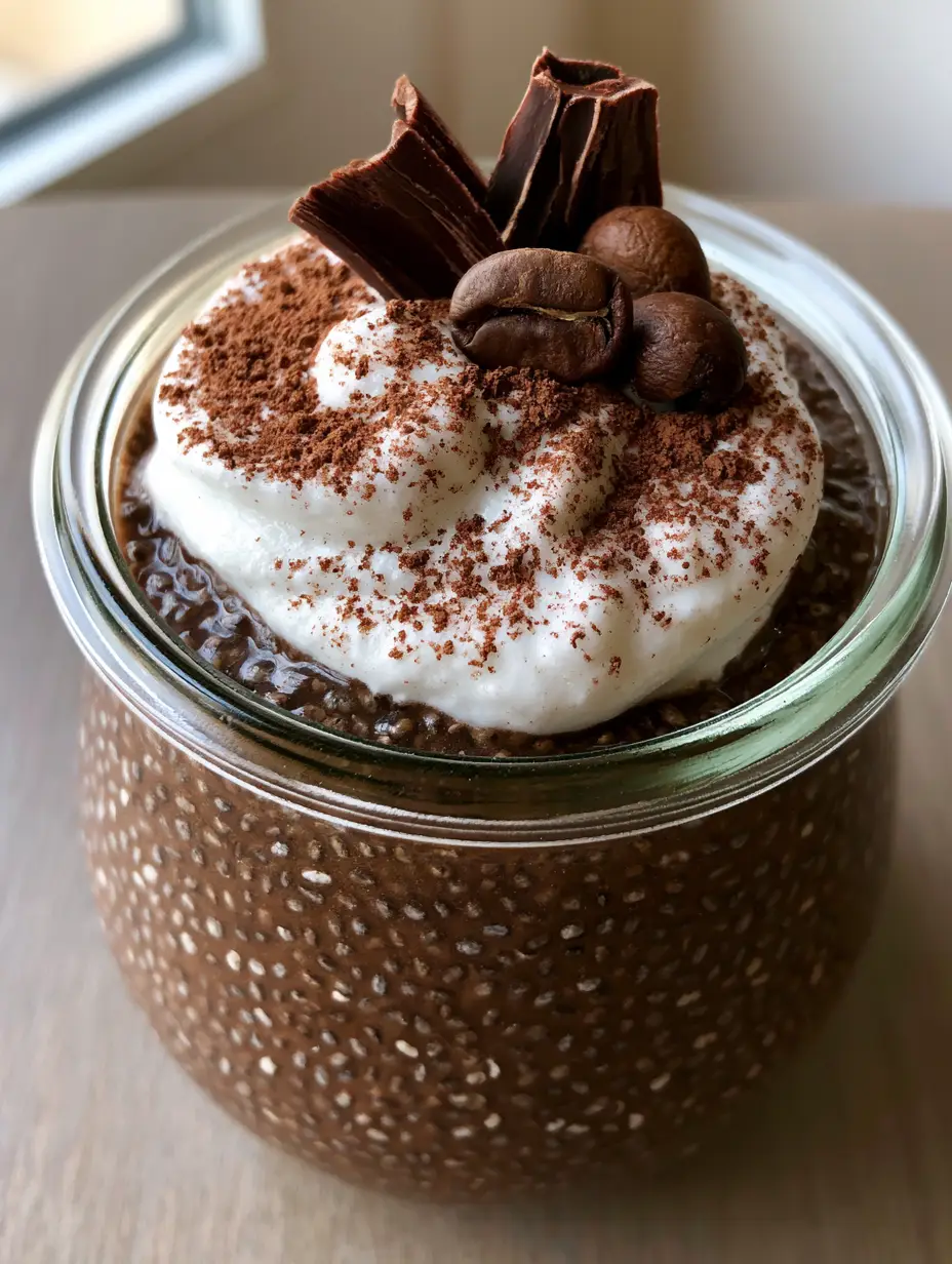 Mocha Chia Seed Pudding showing visible black chia seeds in a dark brown mocha mixture in a glass jar.