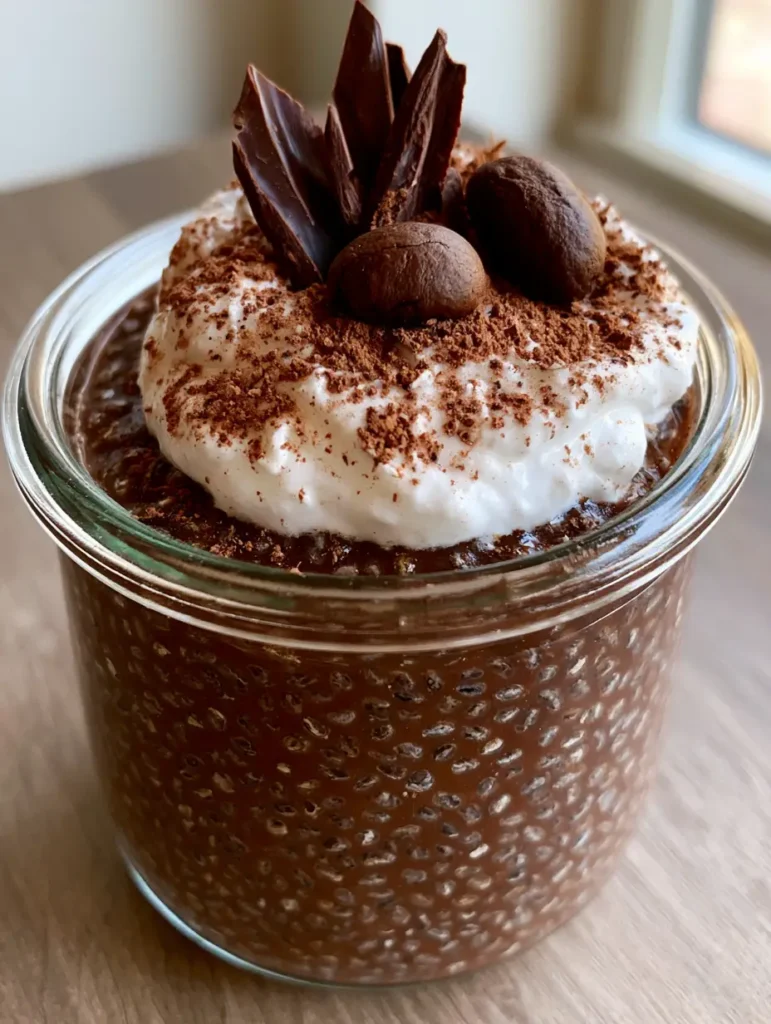 Handheld photo of Mocha Chia Seed Pudding with a soft dollop of coconut cream and chocolate shavings on a wooden surface.