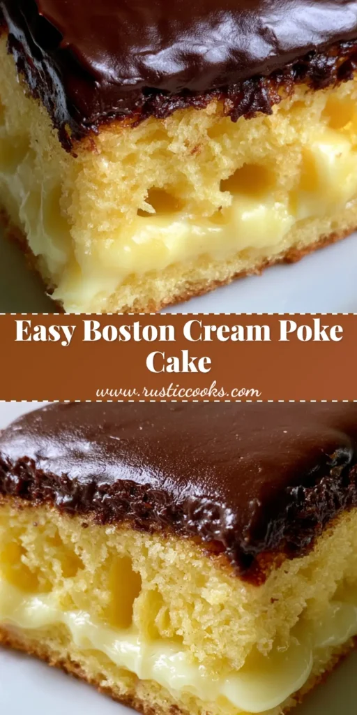 Boston Cream Pie Poke Cake: The Ultimate Moist Vanilla and Chocolate Fusion 5 A rectangular slice of Boston Cream Pie Poke Cake on a white ceramic plate with a silver fork. (Boston Cream Pie Poke Cake)