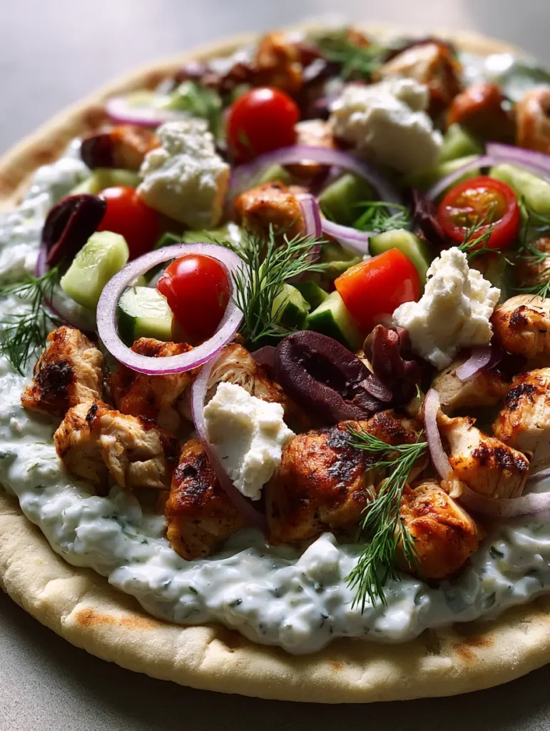 Greek Chicken Flatbread assembly featuring cucumber, red onion, tomatoes, and olives.