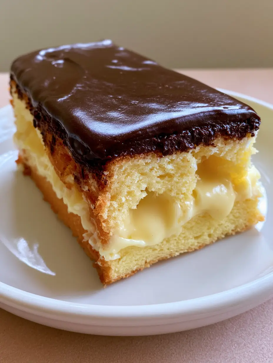 Boston Cream Pie Poke Cake: The Ultimate Moist Vanilla and Chocolate Fusion 4 Overhead view of a Boston Cream Pie Poke Cake showing the glossy chocolate ganache and thick pudding filling. (Boston Cream Pie Poke Cake)