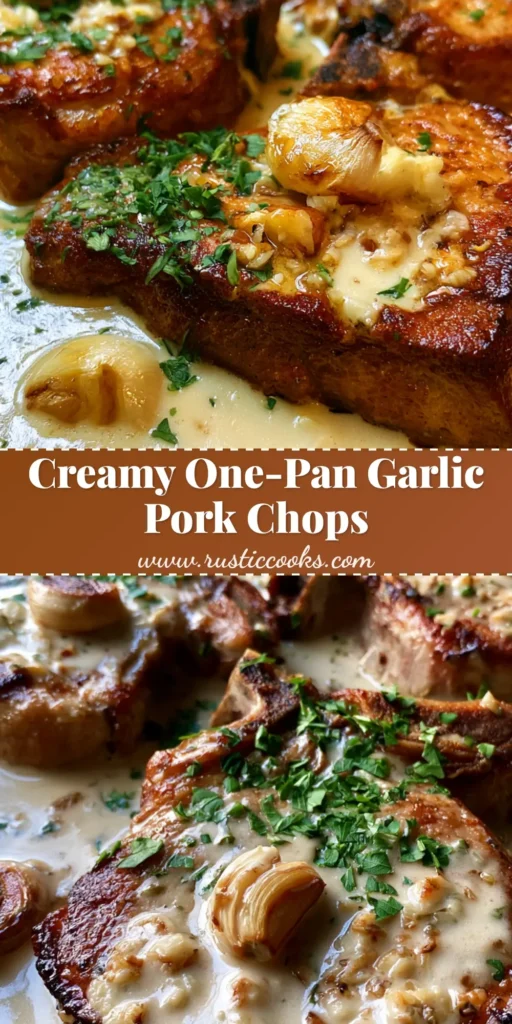 Creamy Garlic Pork Chops: The Ultimate Skillet Comfort Food 4 Three thick golden-brown seared pork chops in a cast iron skillet with ivory garlic cream sauce and roasted garlic cloves. (Creamy Garlic Pork Chops)