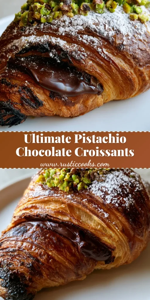A close-up of a single Pistachio Chocolate Croissant on a white plate with dark chocolate oozing out and green pistachios on top.
