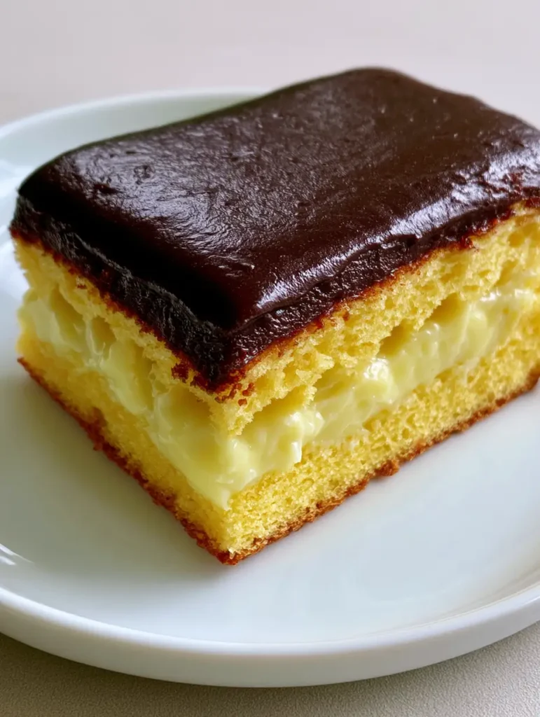 Boston Cream Pie Poke Cake: The Ultimate Moist Vanilla and Chocolate Fusion 1 Macro shot of the rectangular slice showing the moist golden-yellow sponge and vertical pudding tunnels.