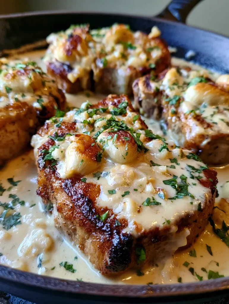 Top down view of thick pork chops with a caramelized crust and ivory sauce. (Creamy Garlic Pork Chops)